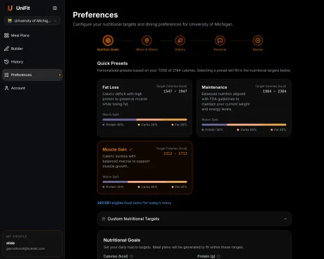 UniFit nutritional goal presets